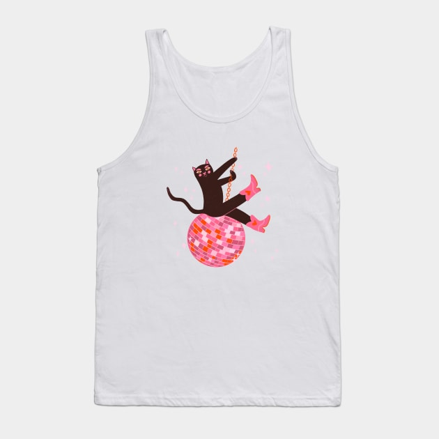 Yeehaw! Lets Party! Cute Cat in cowboy boots riding disco ball illustration Tank Top by WeirdyTales